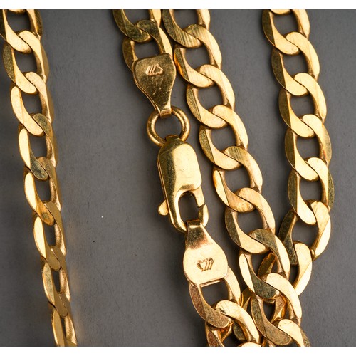 88 - A 9ct yellow gold flat curb-link chain; a 9ct gold figaro chain; a 9ct find chain with cultured pear... 