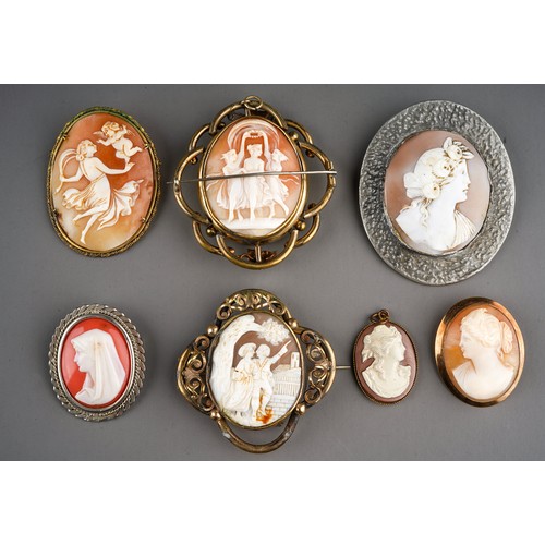 92 - A collection of cameo brooches, including a 9ct gold framed cameo, total gross weight approx 9.8g; a... 