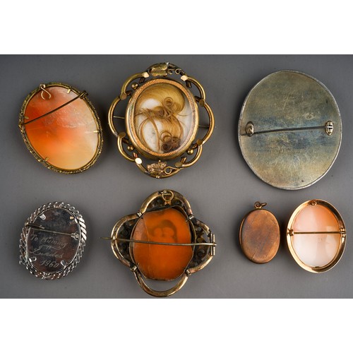 92 - A collection of cameo brooches, including a 9ct gold framed cameo, total gross weight approx 9.8g; a... 