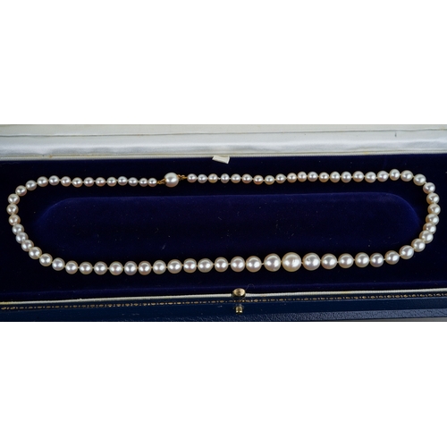 96 - A cultured pearl single-row necklace, with graduated pearls 4.3mm to 8.7mm, with an 18ct yellow gold... 