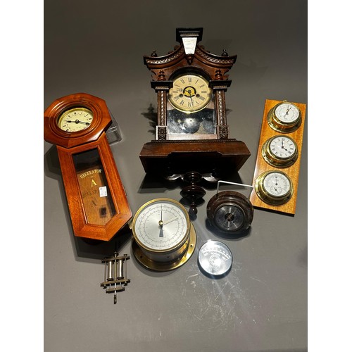 129 - Assorted clocks including Regulator, Viennese style and mounted small brass Ships thermometers etc (... 