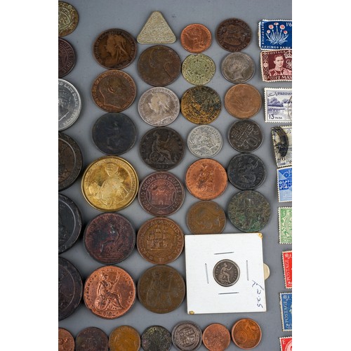 133 - Early 20th Century Revenue George VI stamps and other with various coins, Georgian tokens etc (1 box... 