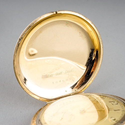 151 - A rolled gold Swiss super slim 1920's pocket watch, 40mm champagne dial with Arabic numerals, subsid... 