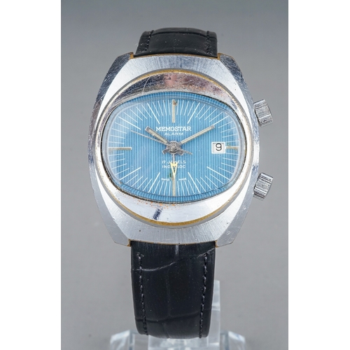 167 - A gentleman's Memostar stainless steel alarm wristwatch, blue oval 30mm dial, baton indicators, subs... 