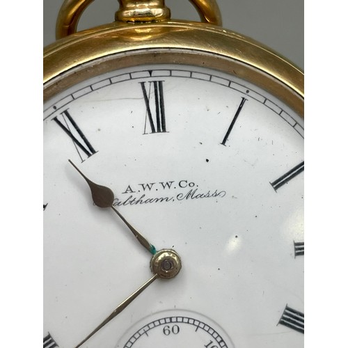 174 - An A.W.W.Co Waltham 14ct gold plated openface pocket watch, 43mm white enamel dial with black Roman ... 