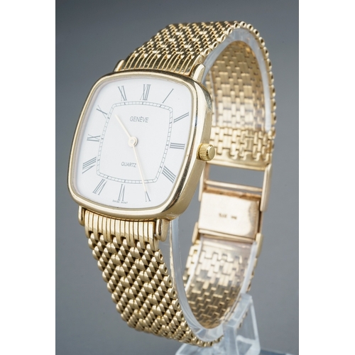 176 - A 9k yellow gold Geneve wristwatch, 27mm white square dial, 30mm case, integral 9k gold bracelet str... 