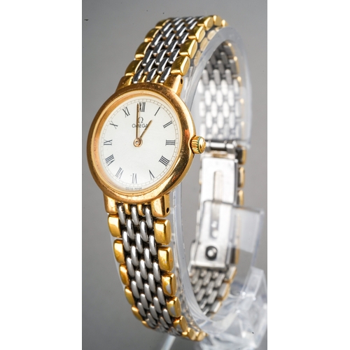 178 - A ladies Omega De Ville stainless steel wristwatch, 18mm dial with Roman numerals, bi-colour strap w... 