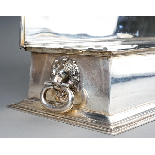 181 - An early 20th Century silver large plain two handled casket shaped desk stand /treasury box, the hin... 