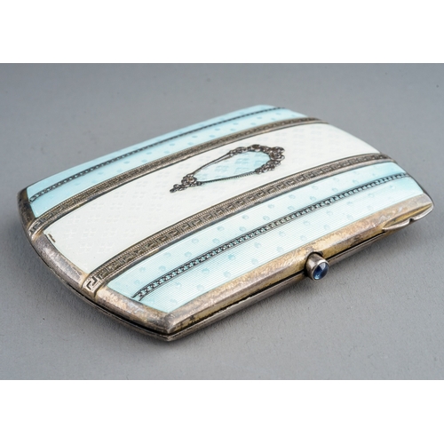 182 - An Edwardian silver and enamel cigarette case, the cover enamelled in cream and pale blue, gilt line... 