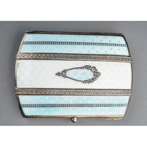 182 - An Edwardian silver and enamel cigarette case, the cover enamelled in cream and pale blue, gilt line... 