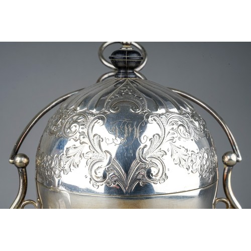 185 - An Edwardian silver plate egg warmer / coddler and cover, the cover chased with flowers, cartouche e... 