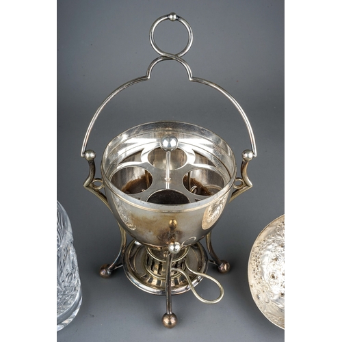 185 - An Edwardian silver plate egg warmer / coddler and cover, the cover chased with flowers, cartouche e... 