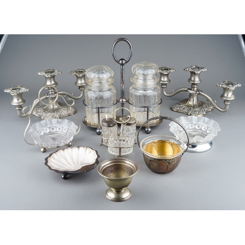 187 - Collection of epns to include Walker and Hall double glass jar stand, 2 candle sticks, condiment set... 