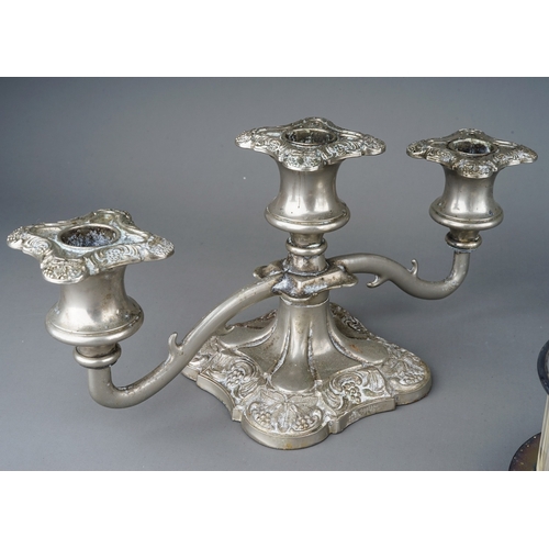 187 - Collection of epns to include Walker and Hall double glass jar stand, 2 candle sticks, condiment set... 