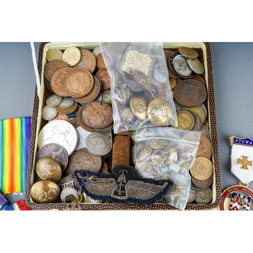 190 - Collection of coins, badges, Masonic medals, buttons and medal ribbons