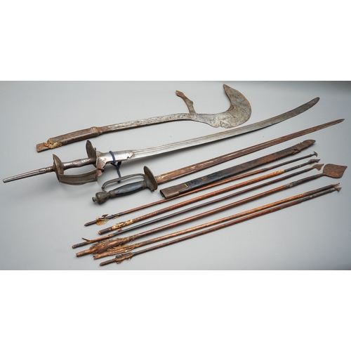 196 - A Collection of Arrows, a Hatchet and two swords. Five Arrows, possibly of African Origin A  Hatchet... 