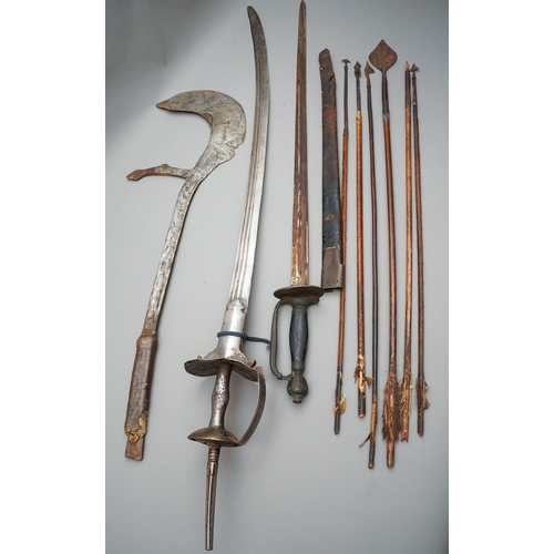 196 - A Collection of Arrows, a Hatchet and two swords. Five Arrows, possibly of African Origin A  Hatchet... 