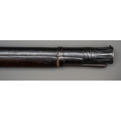 222 - AN UNUSUALLY LARGE 19TH CENTURY AFGHAN JEZAIL MATCHLOCK RAMPART GUN Wooden stock and decorative barr... 