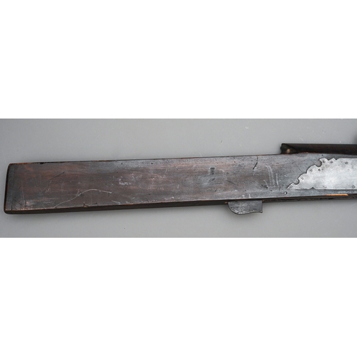 222 - AN UNUSUALLY LARGE 19TH CENTURY AFGHAN JEZAIL MATCHLOCK RAMPART GUN Wooden stock and decorative barr... 