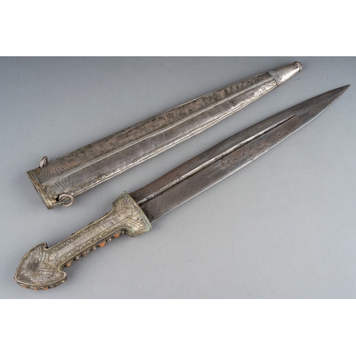 232 - 19th Century antique Turkish Ottoman empire Islamic dagger Kindjal silver set with coral stones.  Ci... 