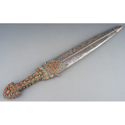 232 - 19th Century antique Turkish Ottoman empire Islamic dagger Kindjal silver set with coral stones.  Ci... 