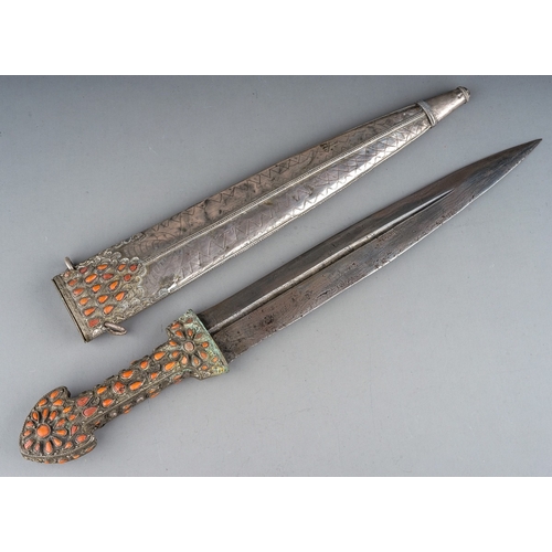 232 - 19th Century antique Turkish Ottoman empire Islamic dagger Kindjal silver set with coral stones.  Ci... 