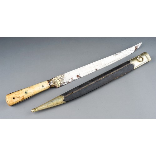 233 - Antique 19th Century Persian Kard dagger.  Gold koftgari to blade.  Walrus ivory grips with white me... 