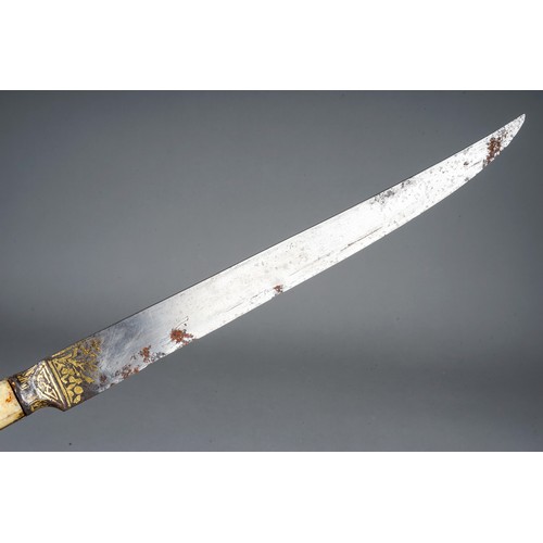 233 - Antique 19th Century Persian Kard dagger.  Gold koftgari to blade.  Walrus ivory grips with white me... 