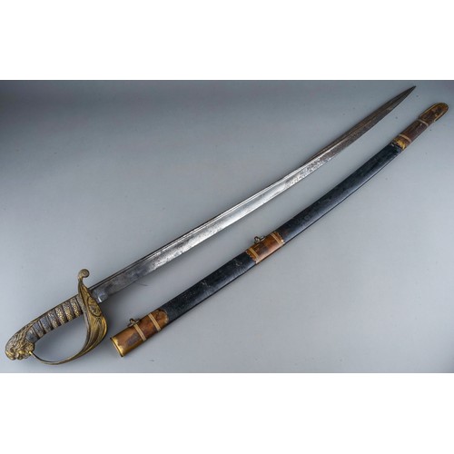 234 - 19th Century British naval sword.  1827 pattern with pipe back, complete with scabbard.  Total lengt... 