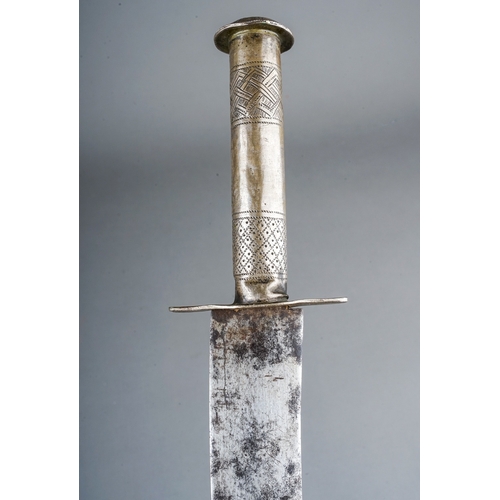 236 - Antique North African dagger, white metal hilt possibly silver, velvet covered scabbard with brass f... 