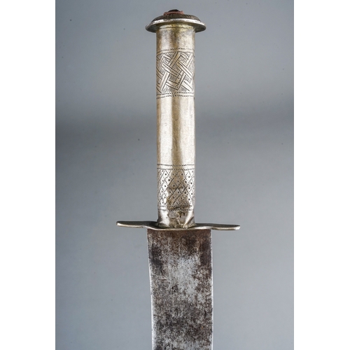 236 - Antique North African dagger, white metal hilt possibly silver, velvet covered scabbard with brass f... 