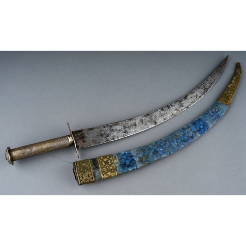 236 - Antique North African dagger, white metal hilt possibly silver, velvet covered scabbard with brass f... 