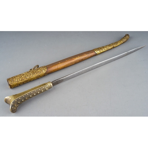 237 - Antique Turkish Yatagan Kard dagger.  Wooden scabbard with gilt metal fittings, length 43cm