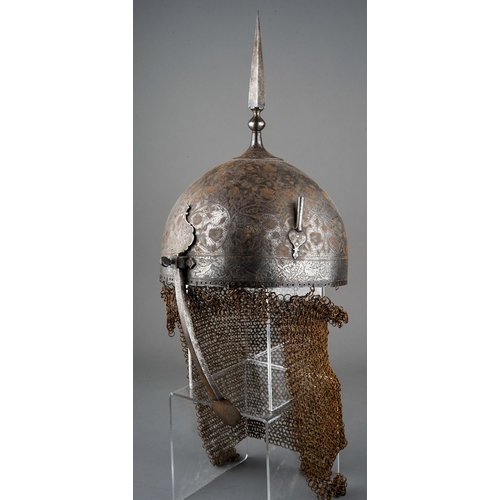 258 - 19th Century Persian Khula Khud helmet.  Decorated with animals and foliage.  Total drop from top of... 