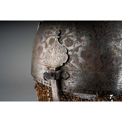 258 - 19th Century Persian Khula Khud helmet.  Decorated with animals and foliage.  Total drop from top of... 