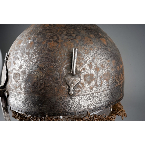 258 - 19th Century Persian Khula Khud helmet.  Decorated with animals and foliage.  Total drop from top of... 