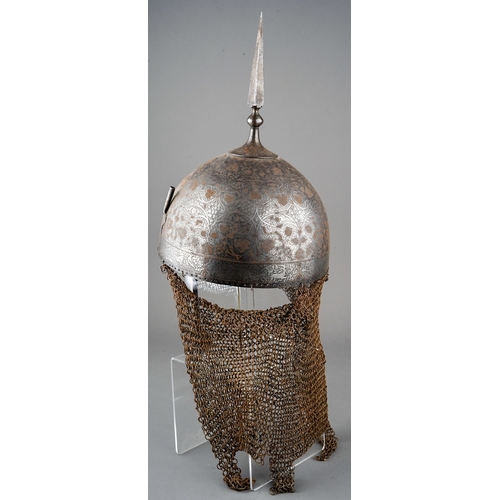 258 - 19th Century Persian Khula Khud helmet.  Decorated with animals and foliage.  Total drop from top of... 