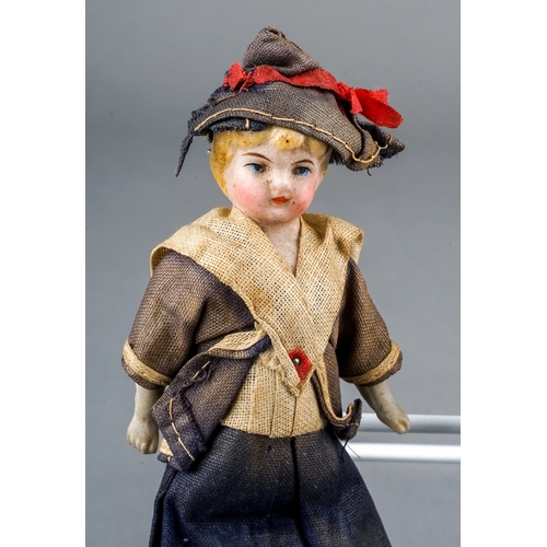 262 - A pair of early 20th Century small dolls dressed as a Sailor Boy and Girl, both with porcelain heads... 