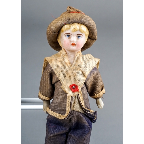 262 - A pair of early 20th Century small dolls dressed as a Sailor Boy and Girl, both with porcelain heads... 