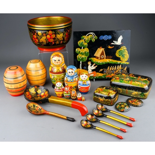 310 - Collection of Russian lacquard wood items including bowls, spoons, plaques, brooches, dolls, boxes