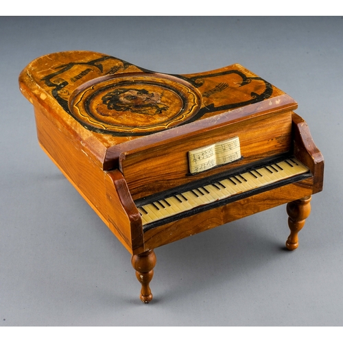 312 - A 20th Century Reuge Swiss movement piano shaped music box, the top painted with a portrait of Chopi... 