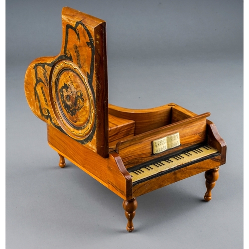 312 - A 20th Century Reuge Swiss movement piano shaped music box, the top painted with a portrait of Chopi... 