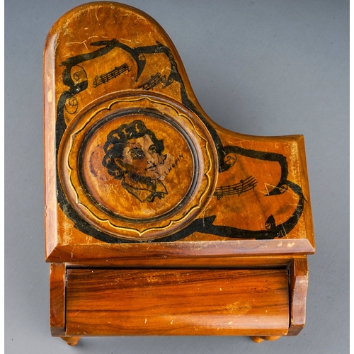 312 - A 20th Century Reuge Swiss movement piano shaped music box, the top painted with a portrait of Chopi... 