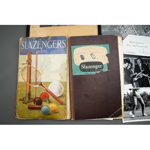 322 - Box of Sporting related goods including photographs, 2 pictures and 2 Slazenger books (Wimbledon)