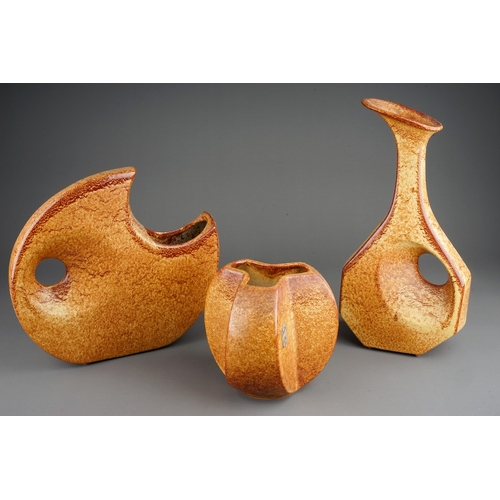 336 - Roberto Rigon for Bertoncello; three pieces of Italian 1960s studio pottery each with orange mottled... 