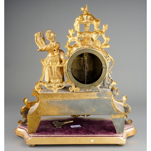 352 - A French gilt spelter porcelain mounted mantle clock, the drum movement with Sevres style dial Roman... 