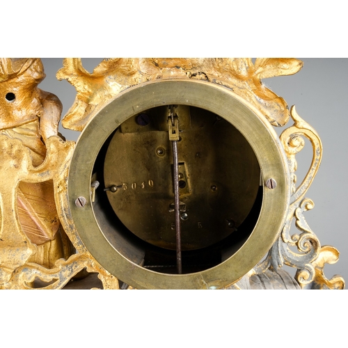 352 - A French gilt spelter porcelain mounted mantle clock, the drum movement with Sevres style dial Roman... 