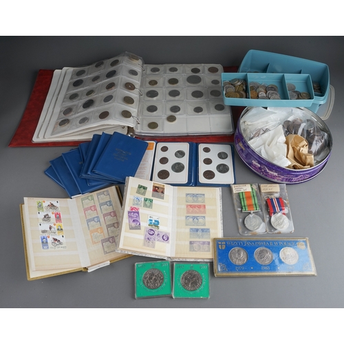 368 - A large collection of GB and World coins including two WWII medals (Defence and War Medal with ribbo... 