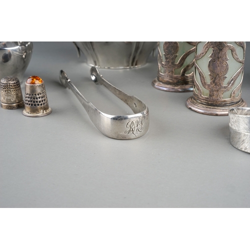 382 - A group of silver to include: Edwardian monogrammed milk jug and sugar bowl, by Robert Pringle, Lond... 