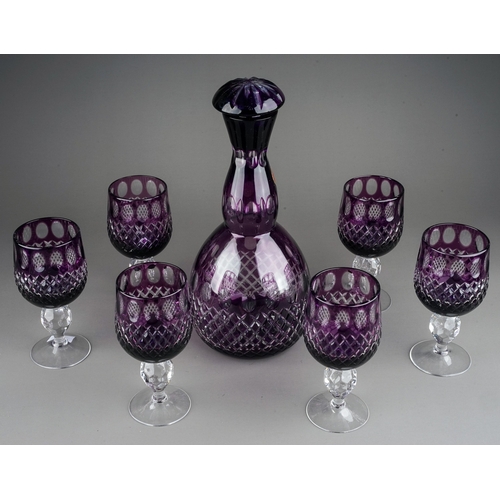 383 - A set of six Sapska Fabrika Stakla Paracin amethyst wine glass with matching decanter and stopper (7... 